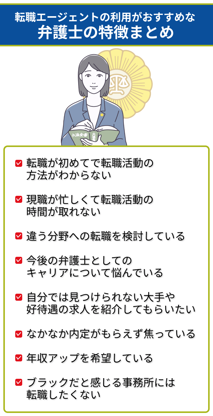 転職エージェントの利用がおすすめな弁護士の特徴まとめ画像